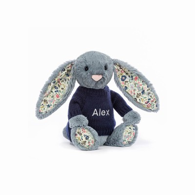 Jellycat Blossom Dusky Blue Bunny with Navy Jumper UK | 52970KFSZ